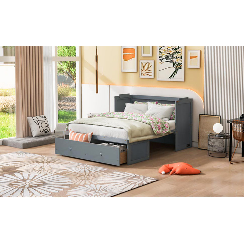 Lit escamotable double avec port USB et grand tiroir, Lit double