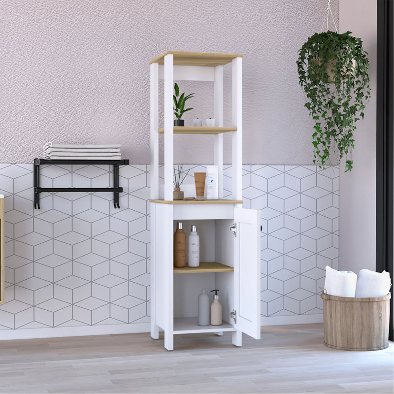 Armoire à linge, deux tablettes intérieures, deux tablettes ouvertes, une porte, Blanc / brun clair