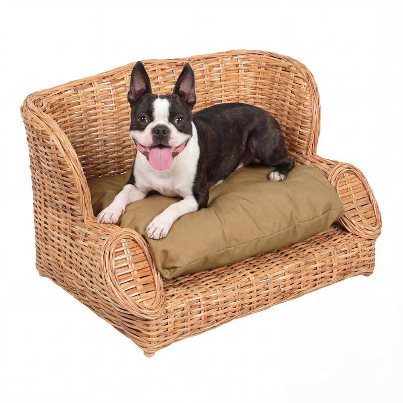 Lit de jour classique en rotin tissé à la main pour chien avec coussin lavable à la machine Classic, Light Brown