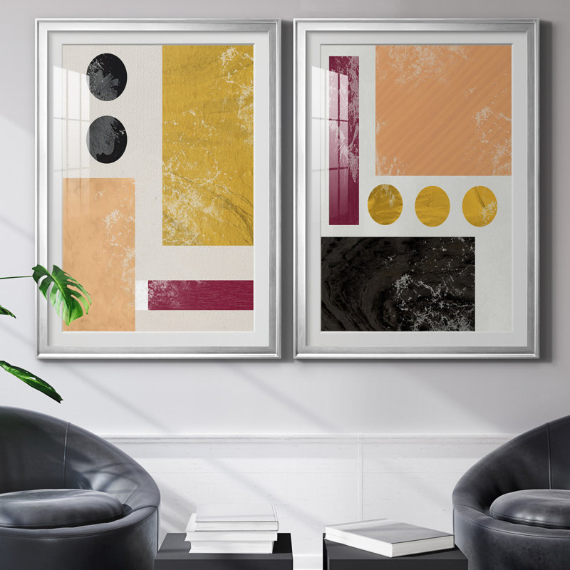 Essie Abstract I - Ensemble de 2 reproductions d'art, H 30,5 po x l 85 po x P 1,5 po, Papier avec cadre argenté, Blanc
