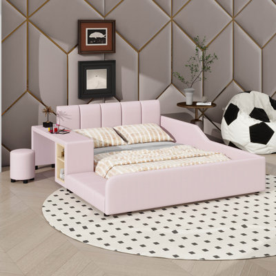 Full-Size Upholstered Low-Profile Bed, Integrated Mother-Child Bed With Side Table & Mini Stool