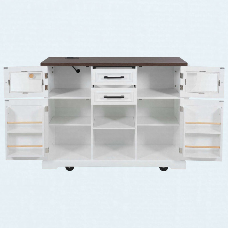 Îlot de cuisine 54,9 po avec rallonge, prise de courant, chariot de rangement de cuisine avec 4 tablettes de porte, portes de grange en croix et porte en verre visuel, îlot de cuisine roulant sur 4 roues pour la cuisine, la salle à manger, blanc