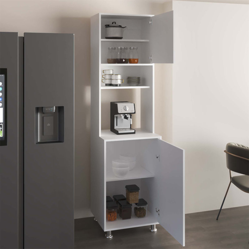Armoire de cuisine Antares avec deux portes, une tablette centrale ouverte et un rangement supérieur pour les cuisines compactes