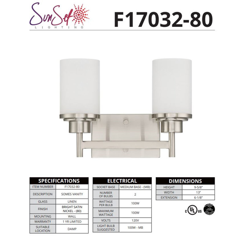 Bristol 2 - Light Dimmable Vanity Light, Bright Satin Nickel