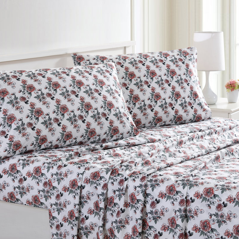 Ensemble de draps en microfibre 4 pièces Modern, King Sheet Set with 2 Pillowcases, Rose Bloom Floral
