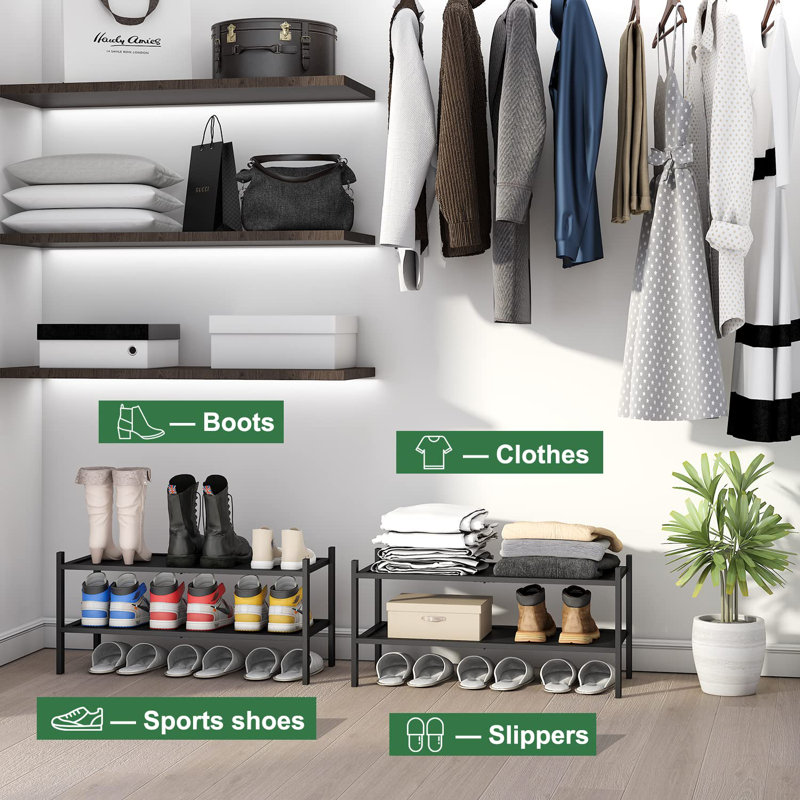 Stackable 2-Tier Industrial Shoe Rack 11"X27"X13" - Versatile Storage Solution For Closet And Hallway, Black