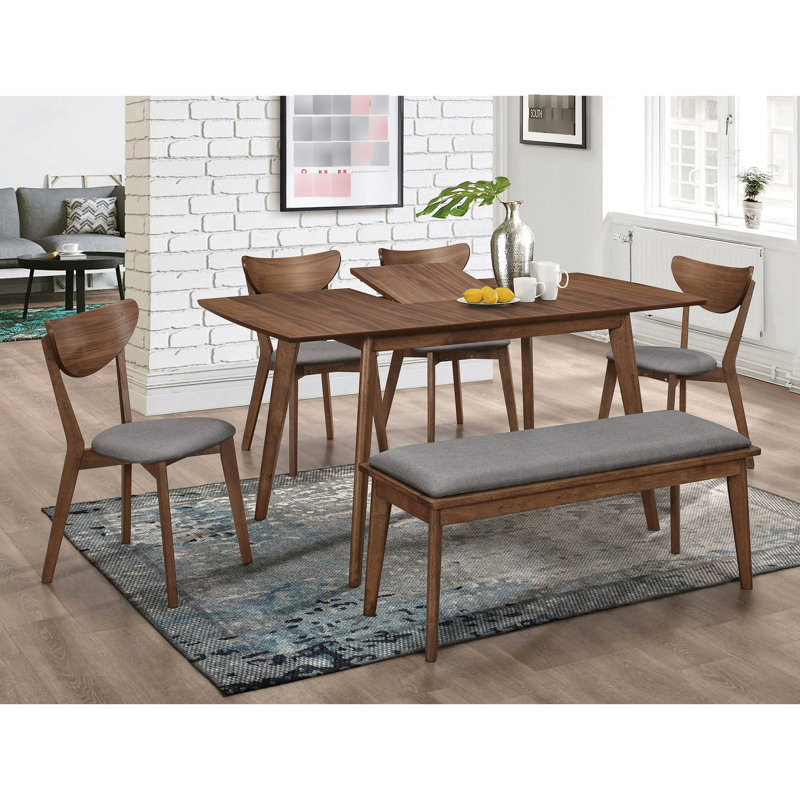 Salle à manger grise et noyer naturel 6 avec un design de style Mid-Century, feuille papillon, lignes épurées pour les grands rassemblements, chaises à plateforme rétro «x», extension, forme rectangulaire, une chambre bien équipée