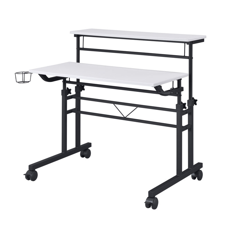 Rolling Writing Desk with Height Adjustable Desktop and Moveable Shelf, White/Black