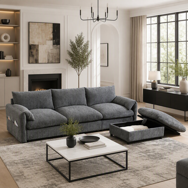 Canapé modulaire en L 96,5 po avec repose-pieds et poches de rangement, Gris