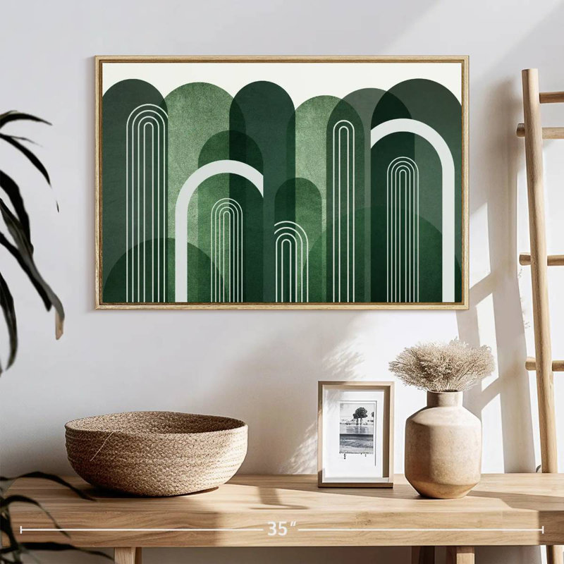Arches Mid-Century vert émeraude, 25 po x 17 po, Cadre flottant en bois naturel