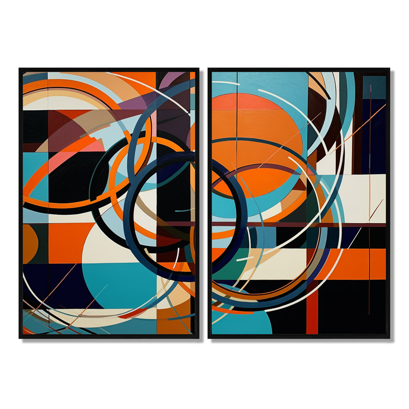 Bleu orange géométrique déchaîné - art mural bleu 2 panneaux, Black, 36" H x 48" W, Impression encadrée flottante
