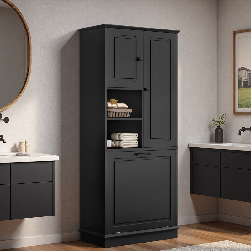 Tall Bathroom Storage Cabinet With Adjustable Shelves, Large Flip-out Basket And Enclosed Cabinets, Black