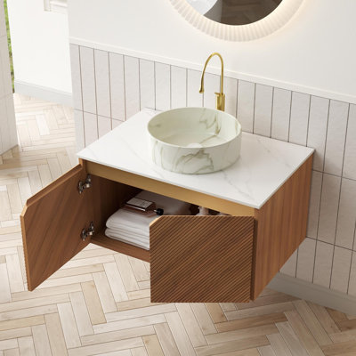Meuble-lavabo mural avec plateau en pierre frittée