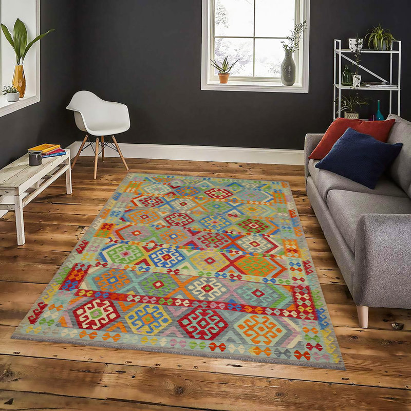 Tapis géométrique en laine rouge et bleu 8 pi 3 po x 10 pi 8 po Kelwen