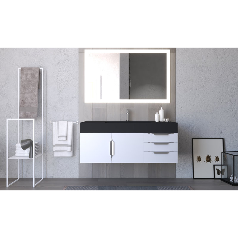 Meuble-lavabo mural simple 48 po avec comptoir à surface solide - base blanche, plateau noir, poignées chromées, Noir, Blanc