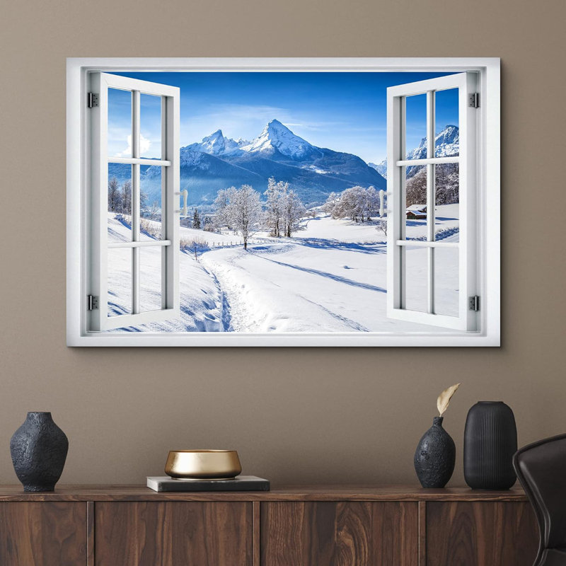 Fenêtre de paysage «Window View Blue Mountain Range Winter Forest Path Nature Images Scenic Landscape» sur toile