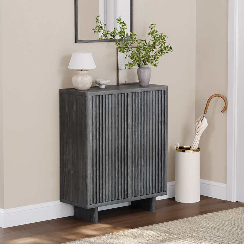 31.6" Fluted Door Shoe Cabinet, 5-Tier Entryway Storage Bench with Adjustable Shelves, 41.3" H x 31.6" W x 13.8" D, Gray