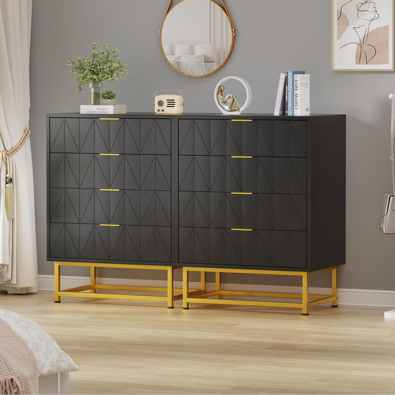 4 Drawer Dresser with Wide Storage, Modern Wood Chest Organizer with Metal Legs, Bedroom Dresser Cabinet, Black