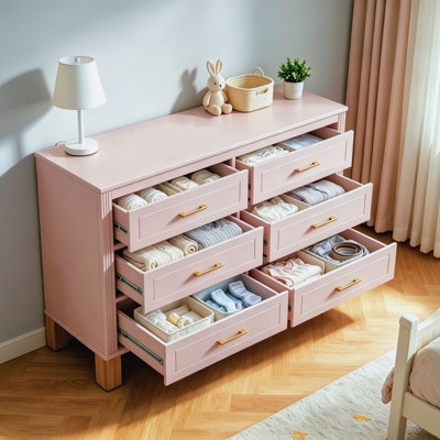 Commode double rose à 6 tiroirs, meuble de rangement moderne en bois avec poignées en métal et pieds en bois massif, organisateur de tiroirs robuste pour chambre à coucher