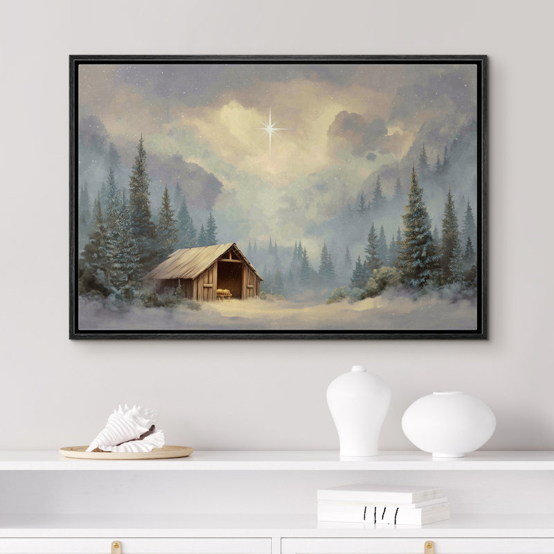 «Snowy Barn Starry Night», chambre à coucher religieuse, décoration murale, chalet d'hiver, Noir, H 24 po x l 36 po