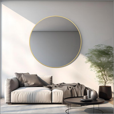 Miroir de salle de bain rond en métal doré de 42 pouces avec film incassable et installation facile