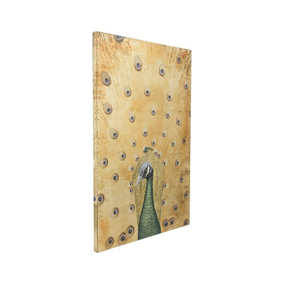 Art mural paon peint à la main avec fond texturé sur bois, 30,7 po x 46,5 po