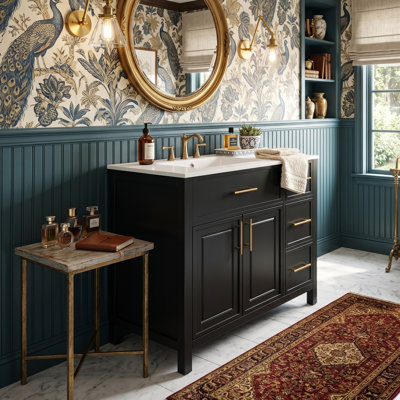 36" Modern Bathroom Vanity With Offset Ceramic Sink, Solid Rubber Wood Frame Storage Cabinet With 2 Doors & 3 Drawers, Elegant Grooved Panel Design (White/Black)