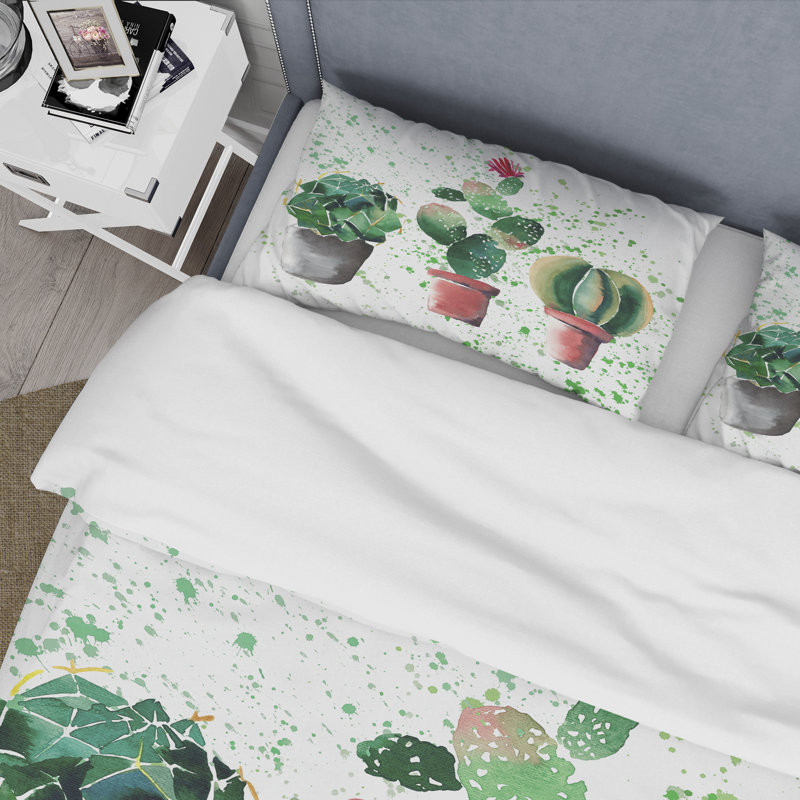Three Cacti In Clay Pots - Ensemble de housse de couette traditionnel - Microfibre de polyester