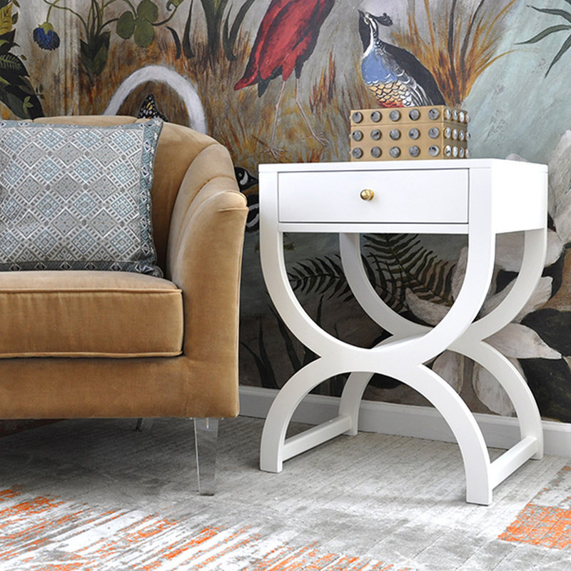 Paige White Rectangular Side Table with Brass Pull and Storage