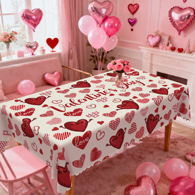 Valentine's Day Tablecloth - Red Heart Pattern Decorative Table Cover, Cute Smiley Heart & Love Print Fabric Tablecloth for Romantic Dinner, Holiday Party, Kitchen Dining, Reusable Washable Tablecloth , Valentine Home Decor for Rectangular Tables