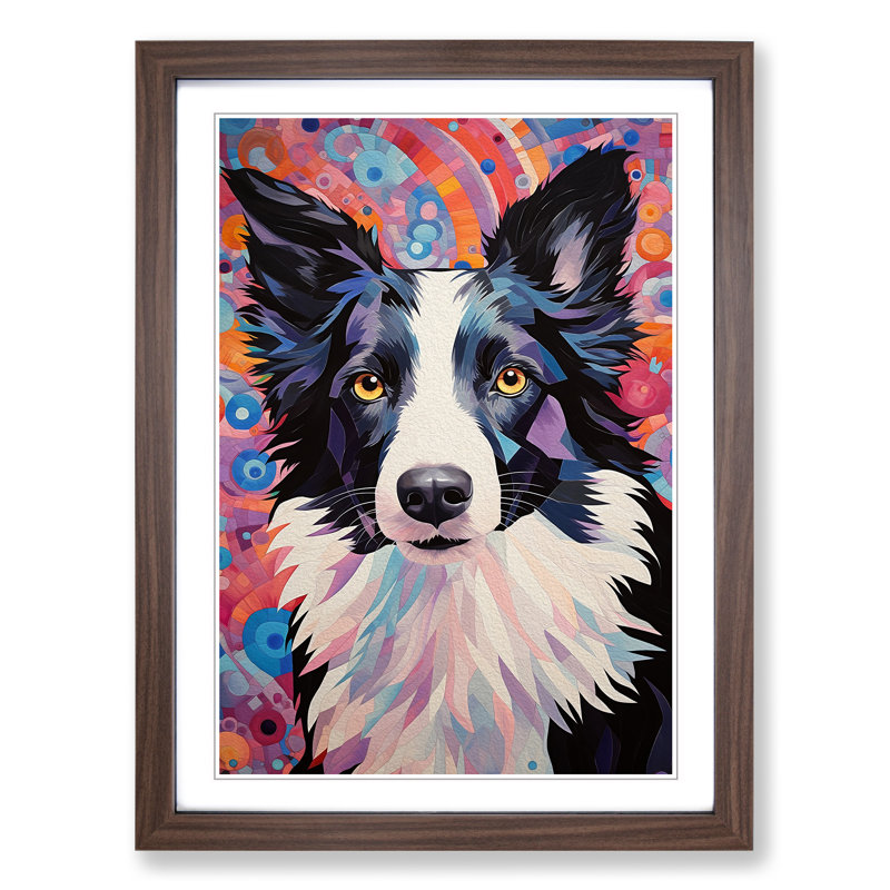 Border Collie Art Deco - Single Picture Frame Print on Wood, 46cm H x 34cm W x 2cm D, Walnut Framed