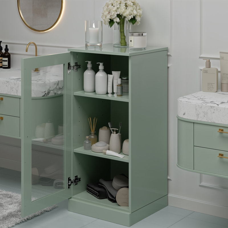 Armoire de salle de bain 100% bois massif 16,5 po avec porte en verre transparent et tablettes réglables, Sauge