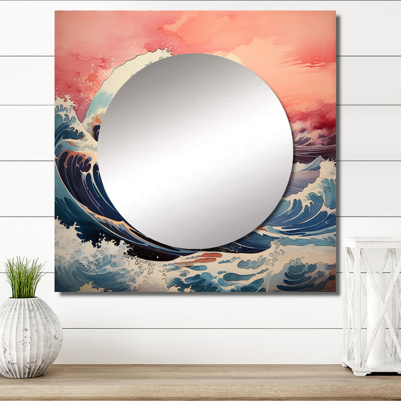 Chef-d'œuvre rose, la grande vague de Kanagawa I - miroir carré décoratif nautique et de plage, 29 po x 29 po