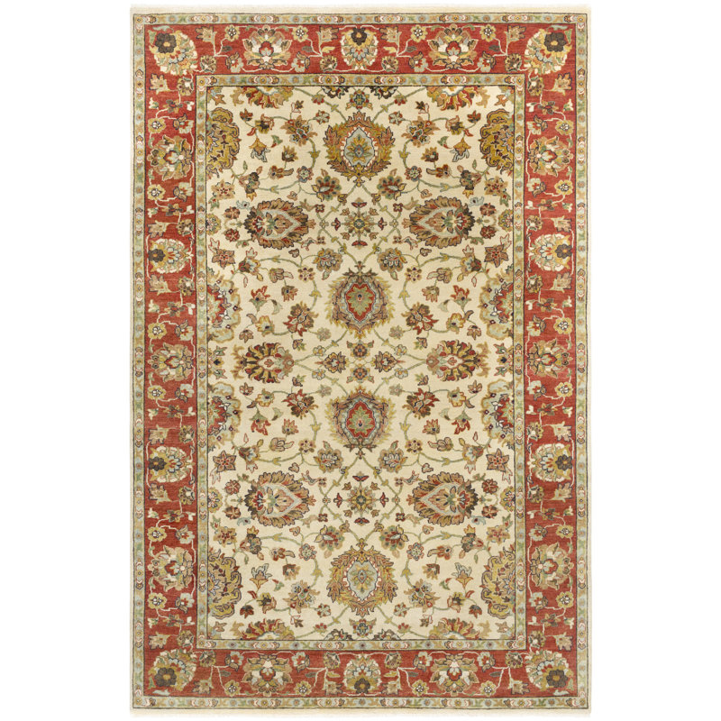 Tapis olive clair / rouge brique / bleu pâle noué à la main Kyere, Rectangle 6 pi x 9 pi