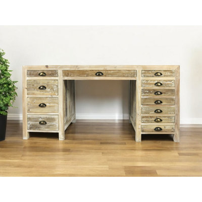63" Brown Solid Wood Writing Desk With Twelve Drawers