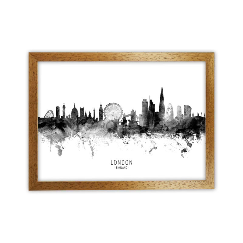 London England Skyline Black White City Name by Michael Tompsett - Print, 46cm H x 63cm W x 3cm D, Brown Framed