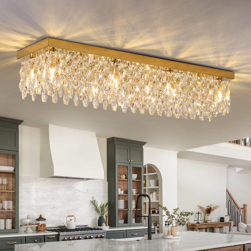 40" Gold Rectangular Flush Mount Crystal Ceiling Light, 8-Light K9 Crystal Chandelier For Dining Room, Living Room, Kitchen, Modern Luxury Lighting Fixture, E12 Base (Bulbs Not Included)