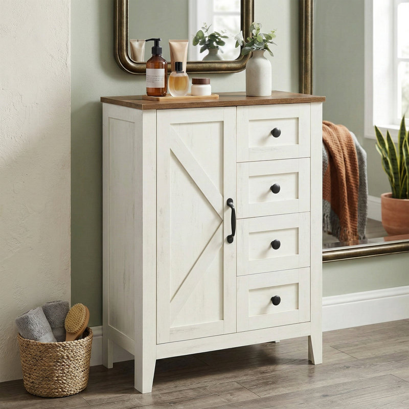 23.6" Farmhouse Bathroom Floor Cabinet With 4 Drawers - Rustic White Storage Organizer With Barn Door - Adjustable Shelf Freestanding Cabinet