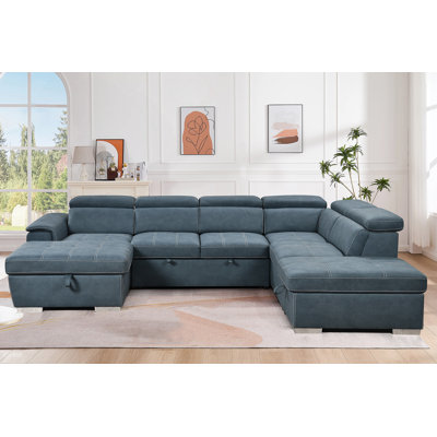 Canapé modulaire en U de 128 po avec repose-pieds et canapé modulaire réversible 7 places avec siège de rangement, ensembles de canapés de salon avec repose-tête réglable, bleu