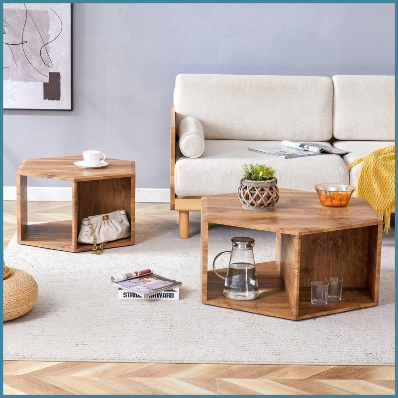 Table basse hexagonale moderne en MDF avec rangement, facile à nettoyer pour le salon, Bois blanc, Bois manufacturé