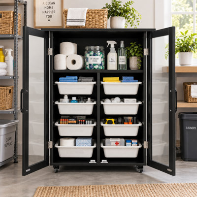 27.4" W Mobile Storage Cabinet with 8 Removable Bins, Tempered Glass Doors & Locking Casters