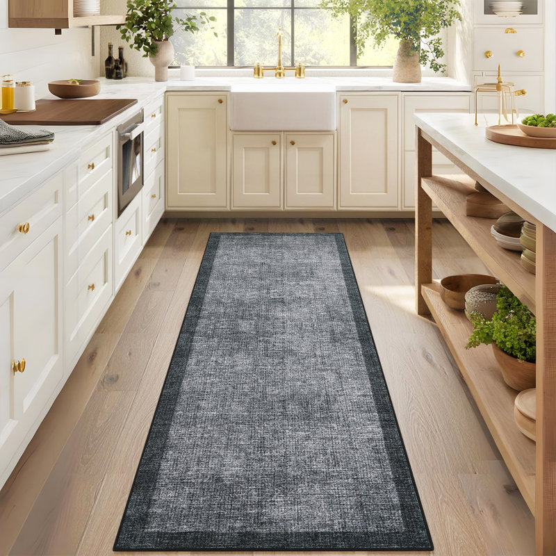 Bordered Machine Washable Rug with Rubber Backing Non Slip Soft Non Shedding Low Pile Thin Foldable Indoor Carpet, Dark Gray