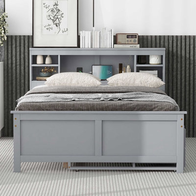 Platform Bed With Storage Headboard, USB, Twin Size Trundle And 3 Drawers