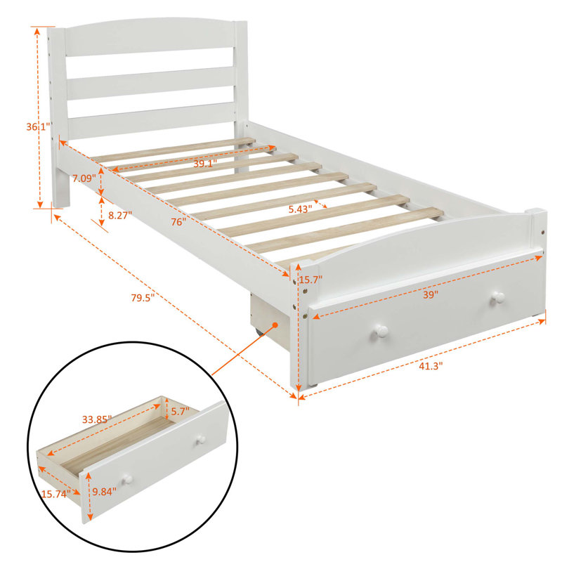 Structure de lit robuste en bois de pin avec tiroir de rangement et support de lattes intégré, aucun sommier requis, Blanc