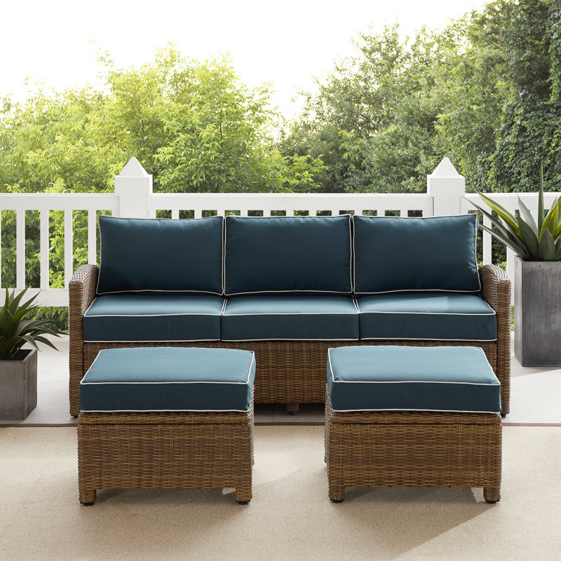 Patio Sofa with Cushions, Brown, Navy Velvet