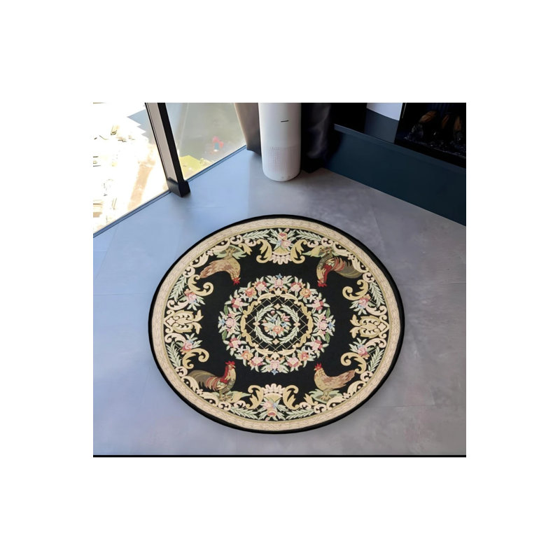 Black Theme Flower And Chicken Patterned Round Woven Base Vintage Decorative Carpet, Round 2'8"