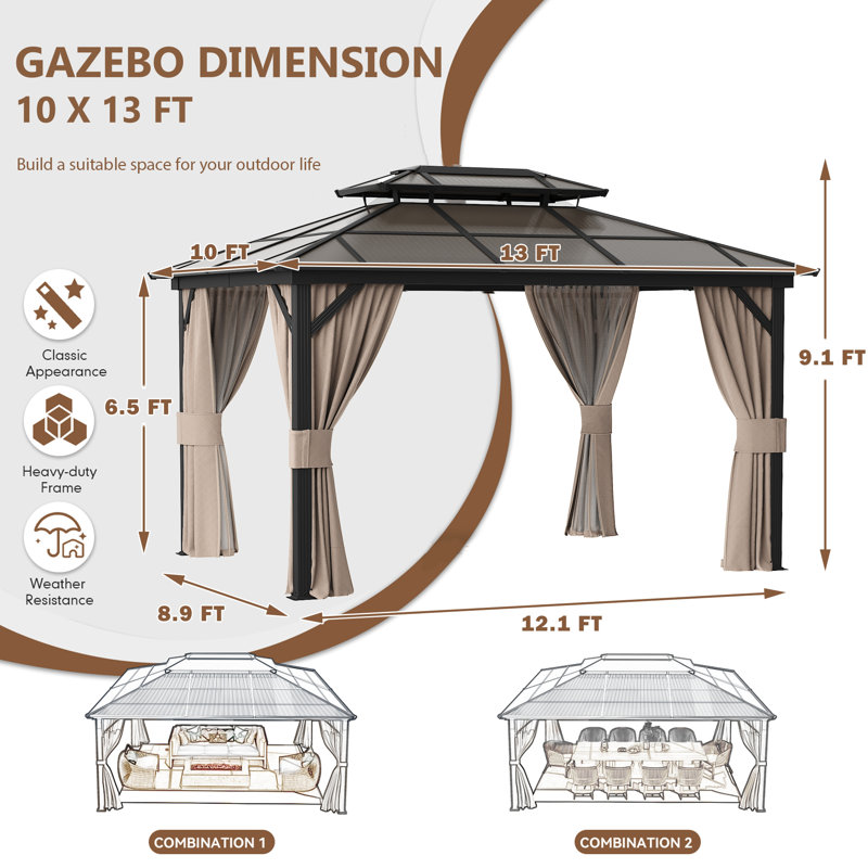 10' X 13' Hardtop Gazebo, Outdoor Polycarbonate Double Roof Canopy, Aluminum Frame Permanent Pavilion With Curtains And Netting