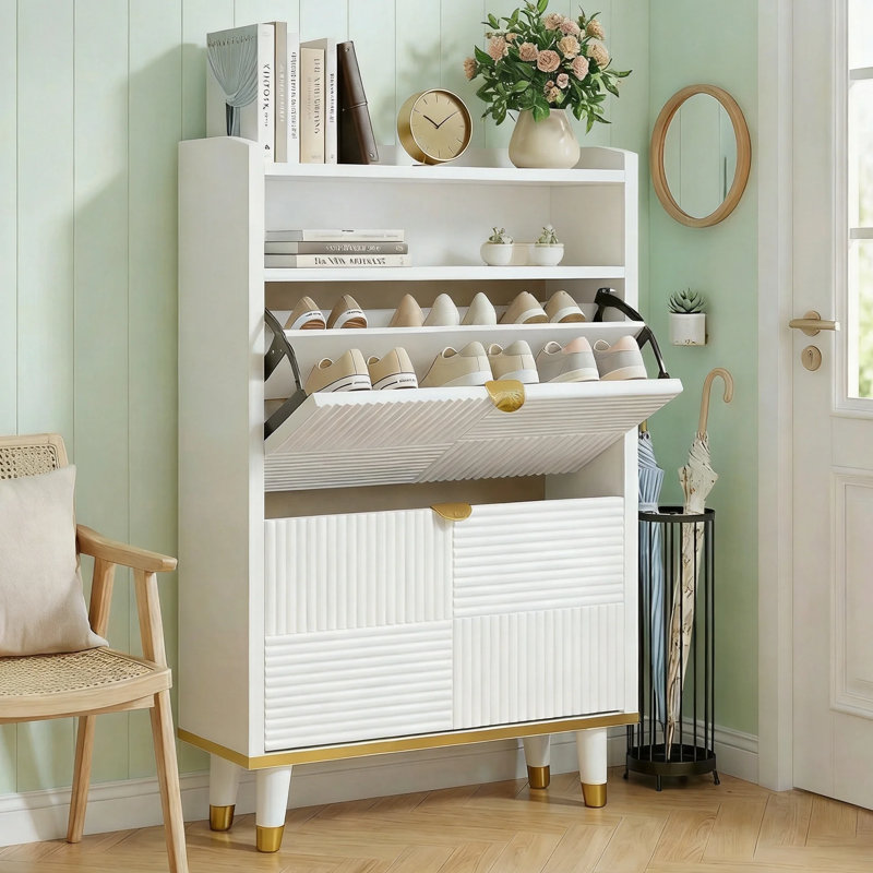 Armoire de rangement pour chaussures avec poignée et pieds dorés Mordern, 2 tiroirs rabattables