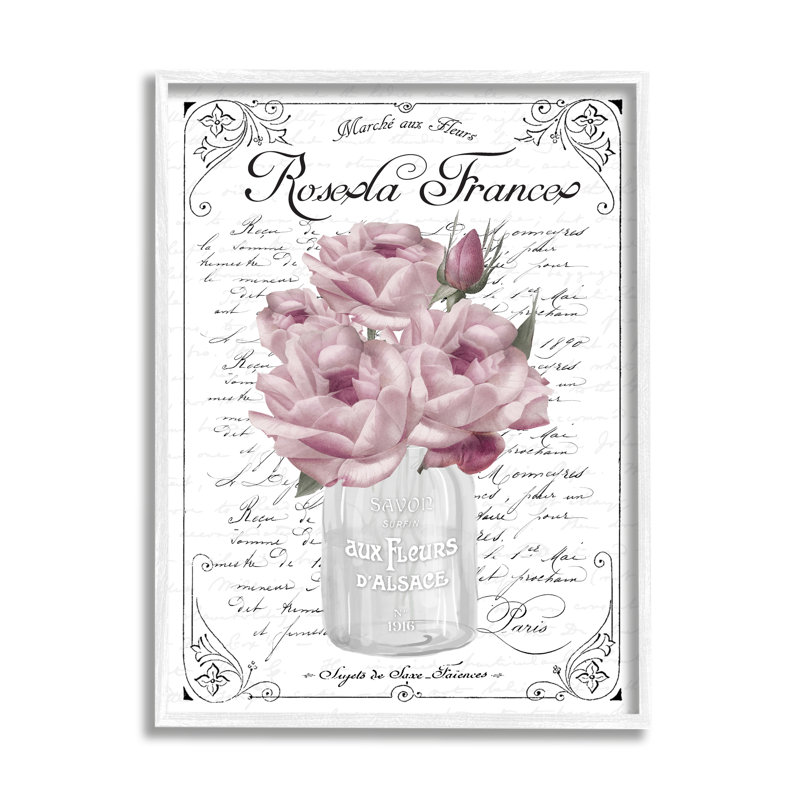 Bouquet de roses roses français, H 14 po x l 11 po x P 1,5 po, Giclée encadrée blanc bord de mer