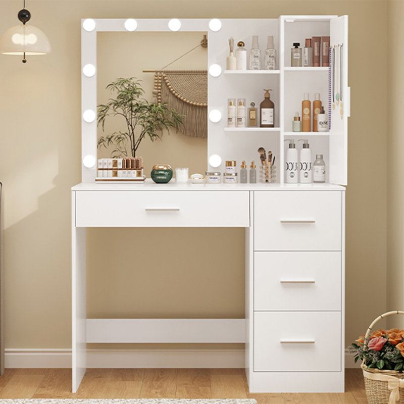 Makeup Vanity With Lighted Mirror Christmas Gifts, Vanity Desk With 4 Drawers And Open Shelves For Bedroom, Black, White